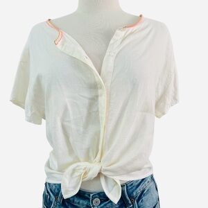 HESTER & ORCHARD- LINEN BLEND Cream Button-Down Shirt with Tie-Front